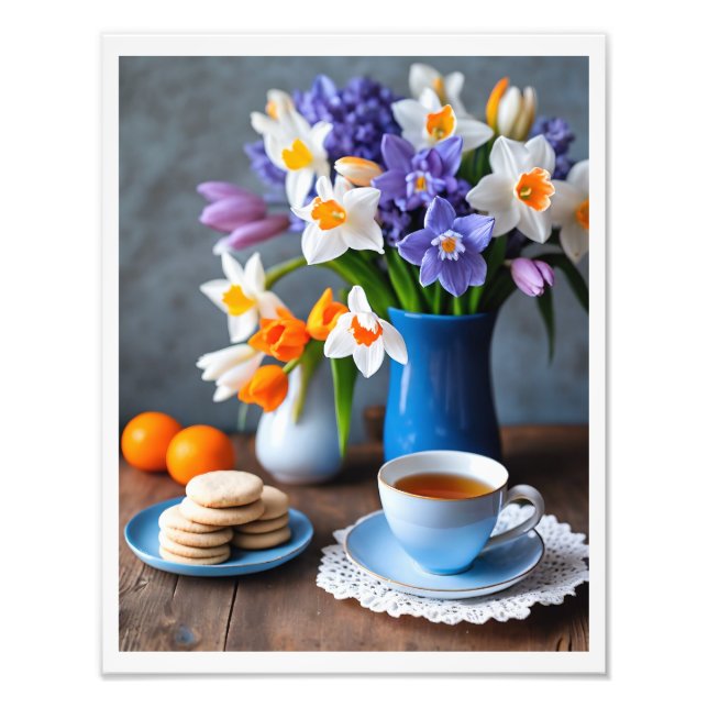 Foto Bouquet de primavera de Daffodils Hyacinths Teacup (Frente)