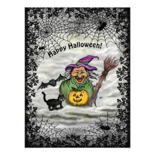 Foto Bruja, gato, murciélago y calabaza, ¡Feliz Hallowe