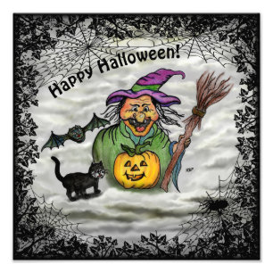 Foto Bruja, gato, murciélago y calabaza, ¡Feliz Hallowe