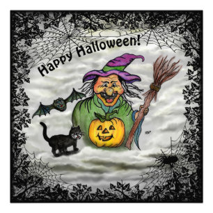 Foto Bruja, gato, murciélago y calabaza, ¡Feliz Hallowe