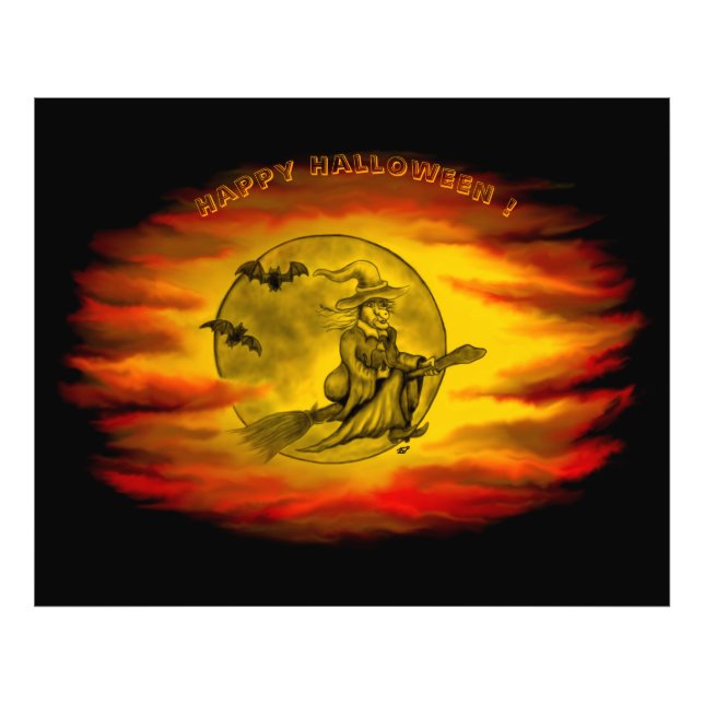 Foto Bruja voladora con gato negro, noche de halloween (Frente)