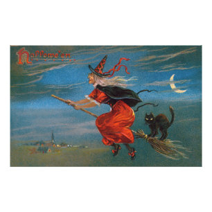 Foto Bruja volando con gato negro en la noche de Hallow