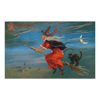 Foto Bruja volando con gato negro en la noche de Hallow