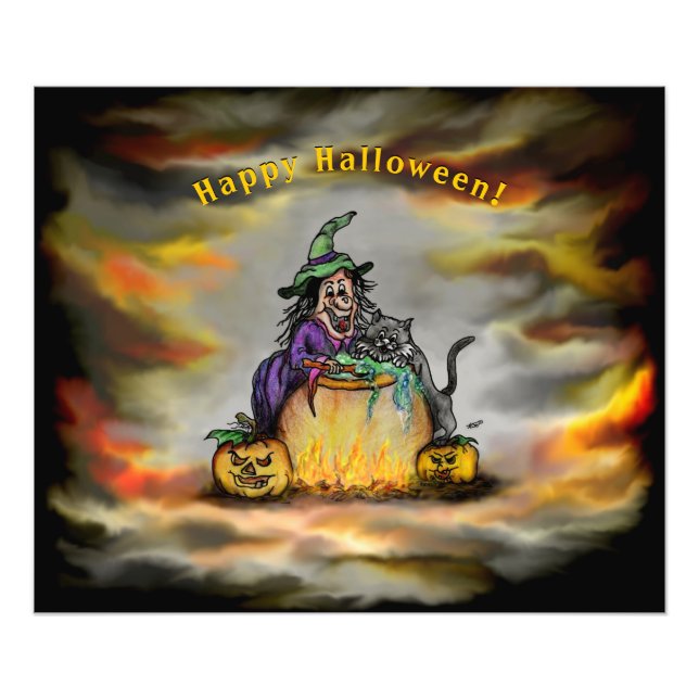 Foto Bruja y gato negro, ¡Feliz Halloween! (Frente)