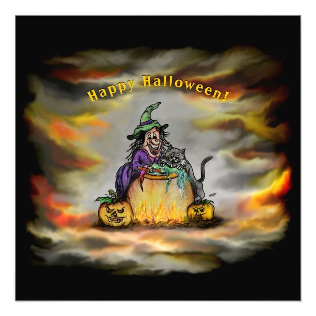 Foto Bruja y gato negro, ¡Feliz Halloween! (Frente)