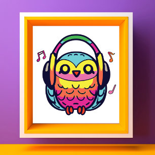 Foto Búho feliz con auriculares escuchando música.
