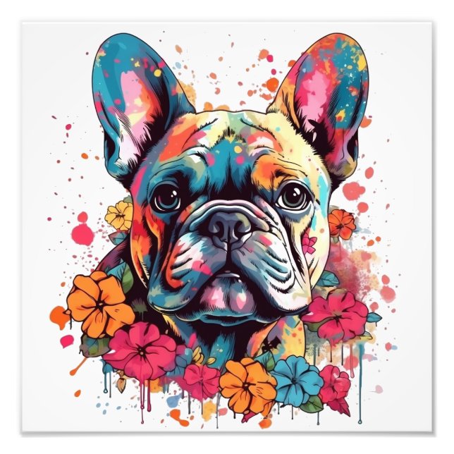 Foto Bulldog francés colorido con flores (Frente)