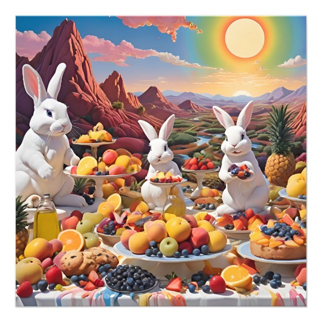 Foto Bunnios blancos con paisaje de frutas (Frente)