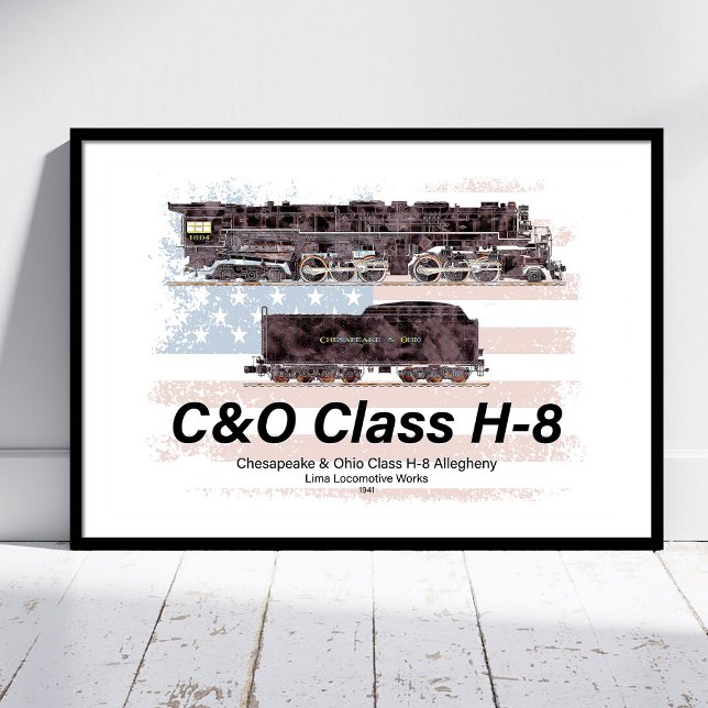 Foto C&O Clase H-8 Locomotora Allegheny - bandera ameri (C&O Class H-8 Allegheny Locomotive - American flag. Photo Print)