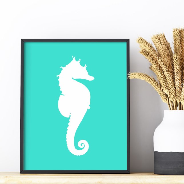 Foto Caballo de mar blanco sobre turquesa (White Seahorse on Turquoise Photo Print)