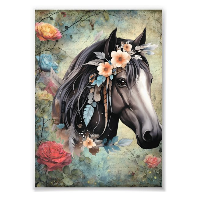 Foto Caballo marrón en flores. (Frente)