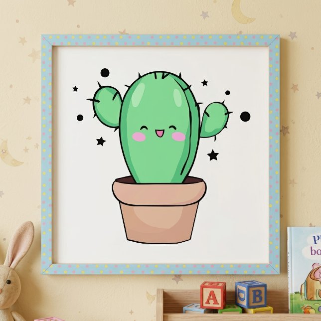 Foto Cactus bebé Kawaii sonriente en jarrón con estrell (Cute smiling Kawaii Baby Cactus in vase with stars. Photo Print)