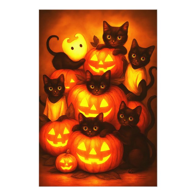 Foto Calabaza de Halloween brillante con gato negro lin (Frente)