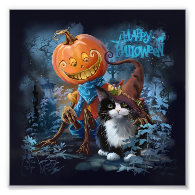 Foto Calabaza divertida y gato en un gorra mágico (Frente)