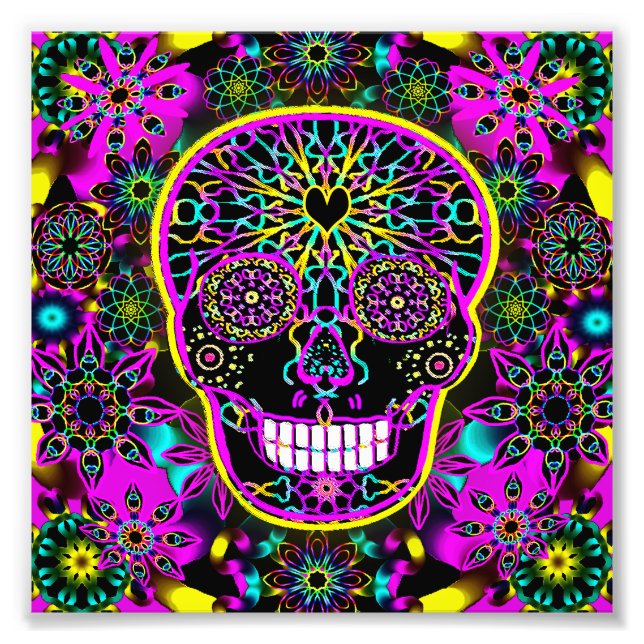 Foto Calavera de azúcar en rosa neón (Frente)