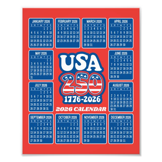 Foto Calendario 2026 - EE. UU. 250 Rojo Blanco Azul (Frente)