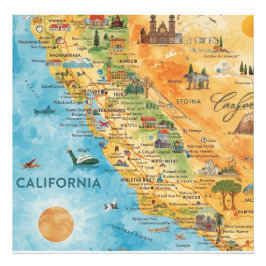 Foto California Illustrated Watercolor Map Art