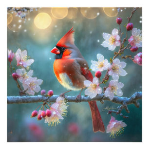 Foto Cardenal macho a la luz de la luna Flores de cerez