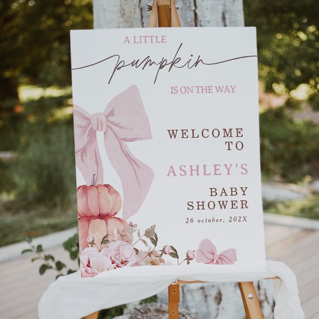 Foto Cartel de bienvenida a baby shower floral rosa Coq (Croquette Little Pumpkin baby Shower Welcome Sign, Fall Baby Shower Welcomes Poster Pink Bow, Floral)