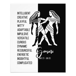Foto Cartel de signo zodiacal Géminis, blanco y negro