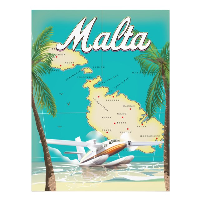 Foto Cartel de viaje de la playa y mapa de Malta (Frente)