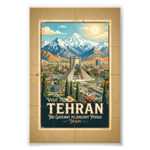 Foto Cartel de viaje de la Torre Azadi y las montañas A