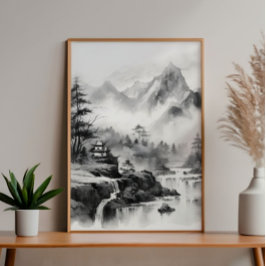 Foto Casa asiática en pinturas de tinta de montañas