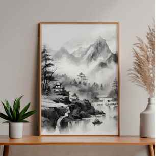 Foto Casa asiática en pinturas de tinta de montañas