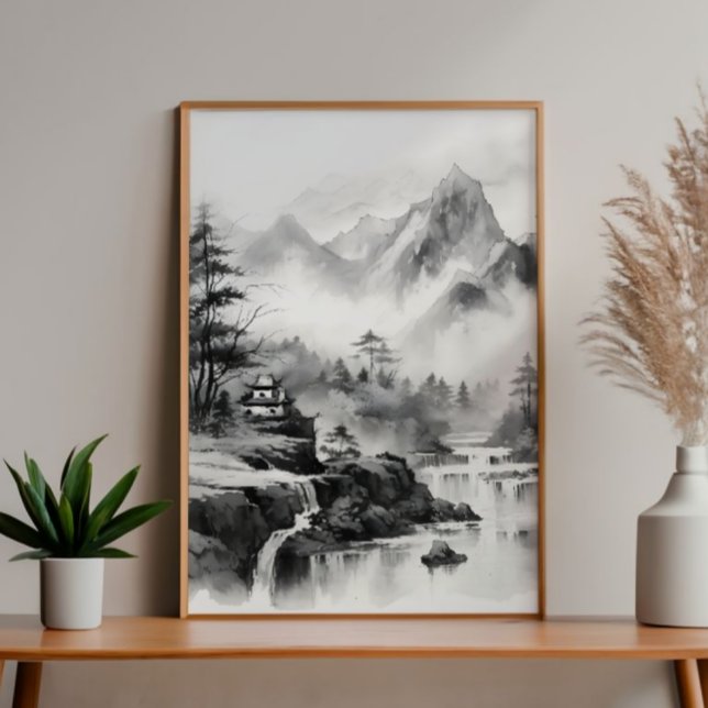 Foto Casa asiática en pinturas de tinta de montañas (Subido por el creador)