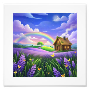 Foto Casa de ensueño arcoíris en campo de lavanda