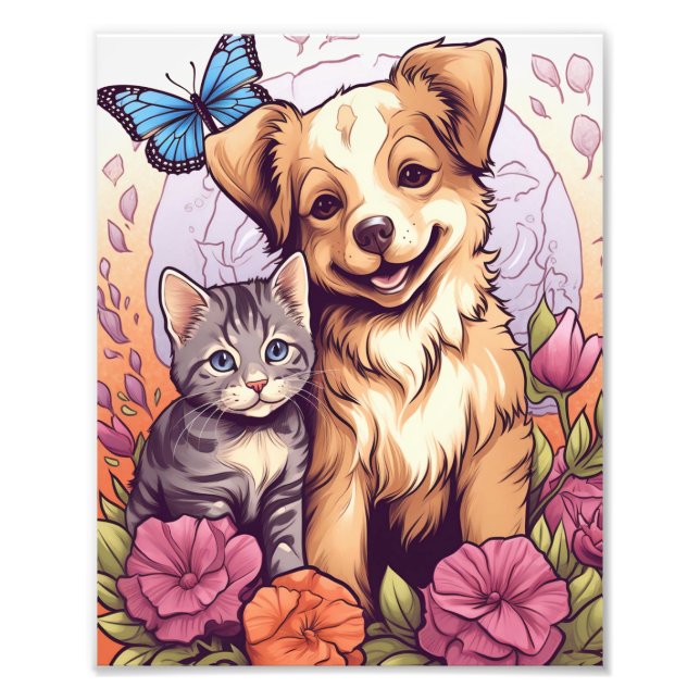 Foto Caza de cachorros y gatitos, mariposa y flores (Frente)