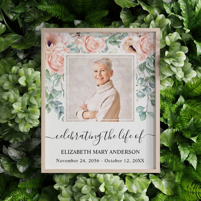 Foto Celebrando el monumento conmemorativo de la vida e (Blush pink floral watercolor celebration of life poster with a photo of your loved one.)