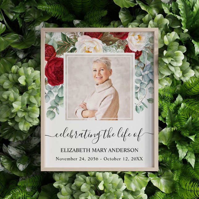 Foto Celebrando el monumento conmemorativo de las rosas (Red and white rose eucalyptus watercolor celebration of life photo funeral poster.)