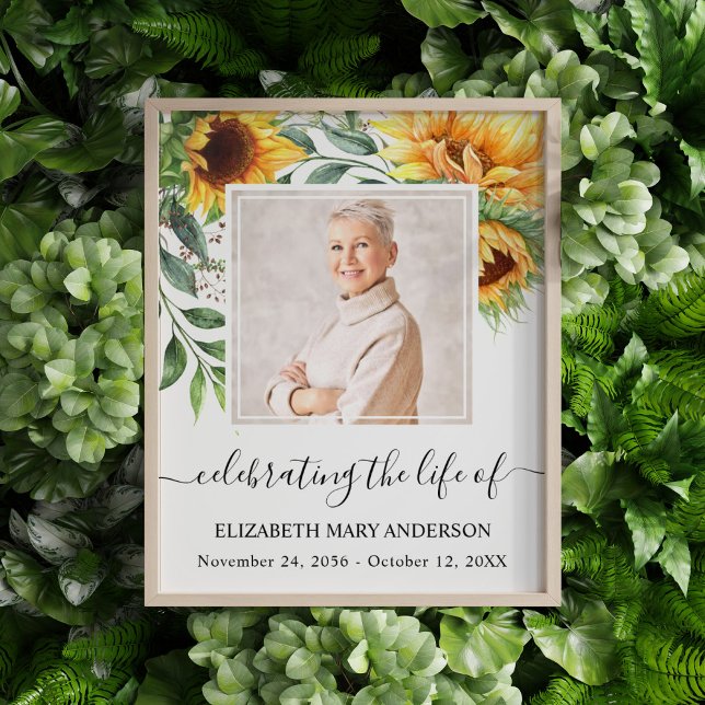 Foto Celebrando el monumento conmemorativo del girasol  (Sunflower floral watercolor celebration of life poster with a photo of your loved one.)