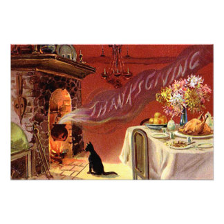 Foto Cena de Acción de Gracias Gato Negro Chimenea Pavo
