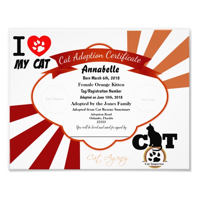 Foto Certificado de adopción de gato de Personalizable  (Frente)