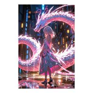 Foto Chica Anime Cyberpunk Dragón Neon Arte Fantasía