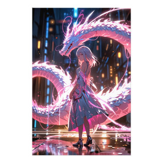 Foto Chica Anime Cyberpunk Dragón Neon Arte Fantasía