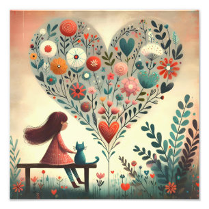 Foto Chica Caprichosa y Gato Junto a un Corazón Floral