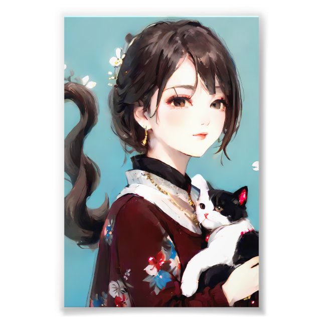 Foto Chica chino abrazando a un gato kawaii (Frente)