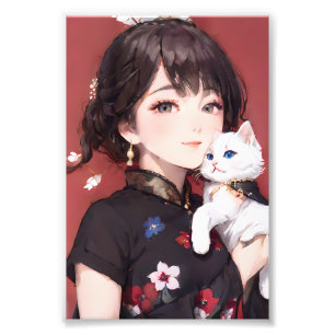 Foto Chica de Anime con Gato Blanco sobre Rojo