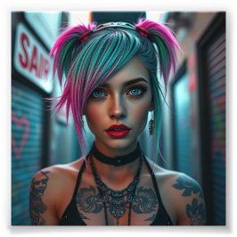 Foto Chica de Punk tatuado con pelo de neón en callejón