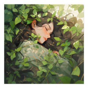 Foto Chica durmiendo en el bosque animado