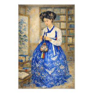 Foto Chica elegante coreana con Hanbok y bolsa de la su