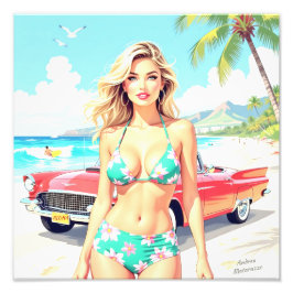 Foto Chica en la playa con un coche clásico