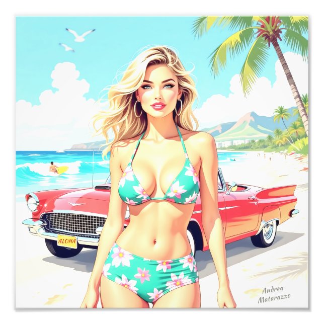 Foto Chica en la playa con un coche clásico (Frente)