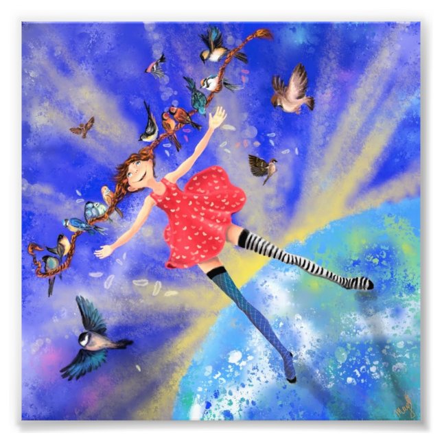 Foto Chica feliz con la imagen de la pasadora de aves (Frente)