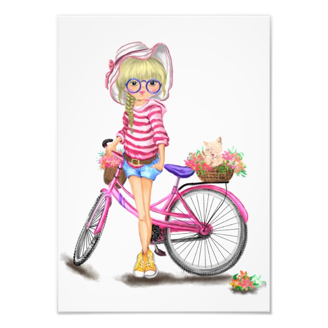 Foto Chica rubio con imagen en bicicleta rosa (Frente)