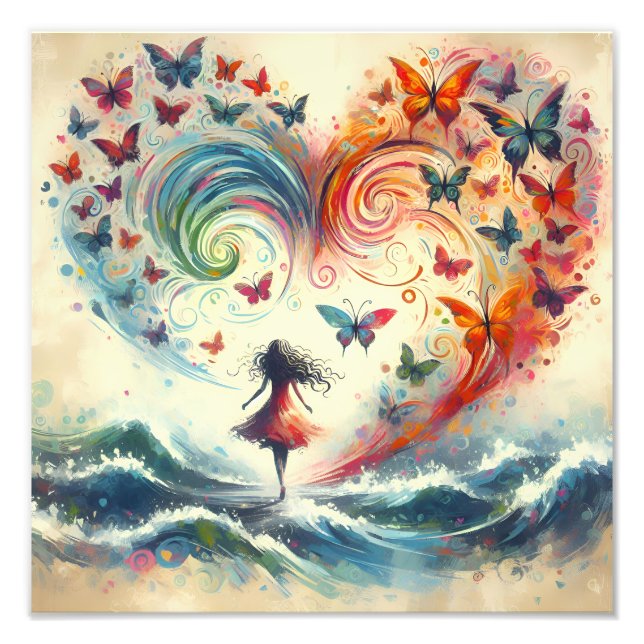 Foto Chica sobre olas del océano con mariposas (Frente)