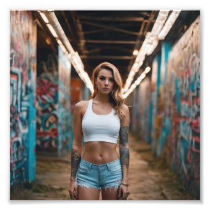 Foto Chica Tall Blonde Tattooed en túnel de graffiti de